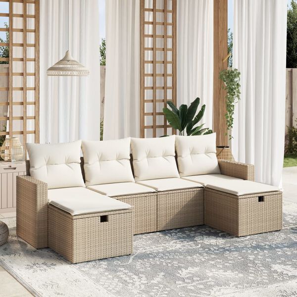 vidaXL 6-delige Loungeset met kussens poly rattan beige