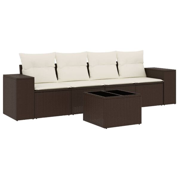 vidaXL 5-delige Loungeset met kussens poly rattan bruin