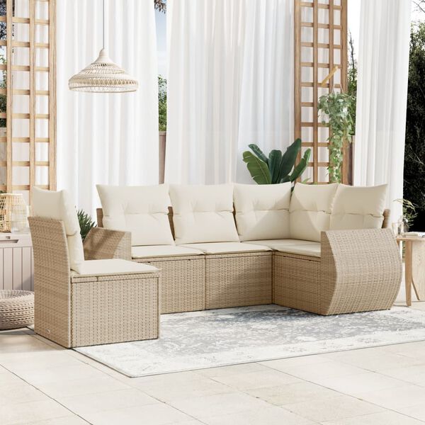 vidaXL 5-delige Loungeset met kussens poly rattan beige