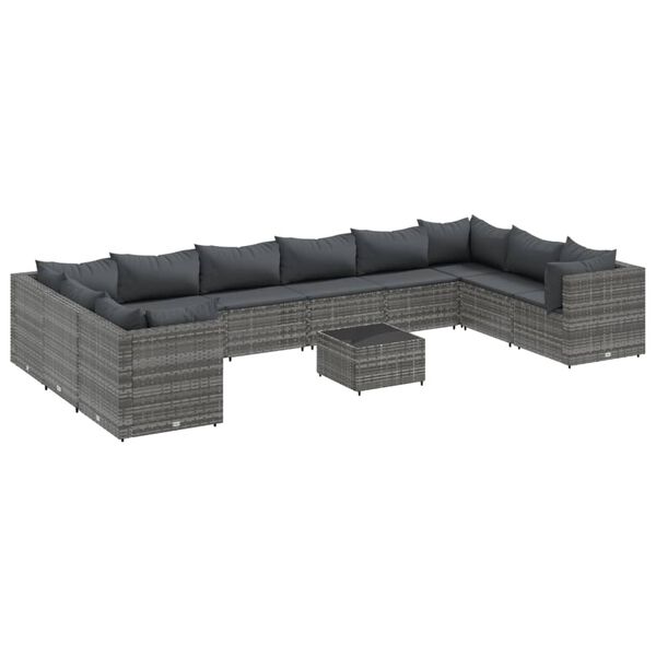 vidaXL 11-delige Loungeset met kussens poly rattan grijs