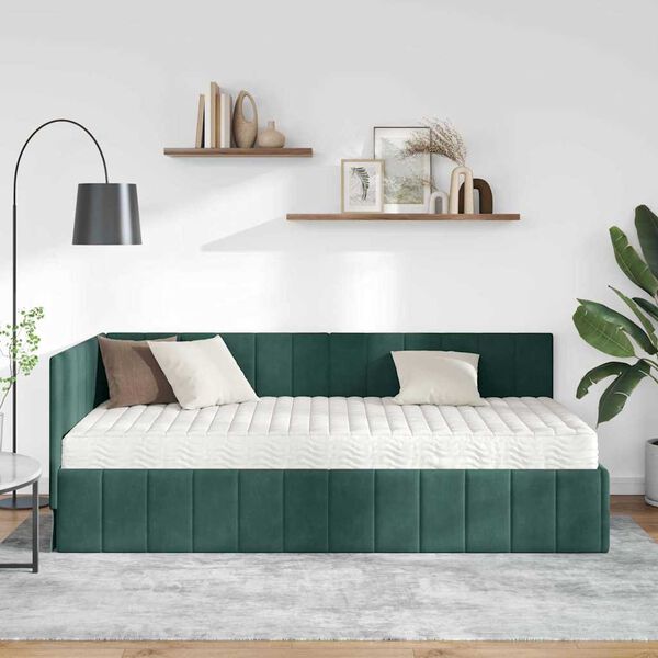 vidaXL Hoekbedframe met Matras met matras 2 pcs Groen Fluweel