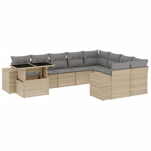 vidaXL 10-delige Loungeset met kussens poly rattan beige