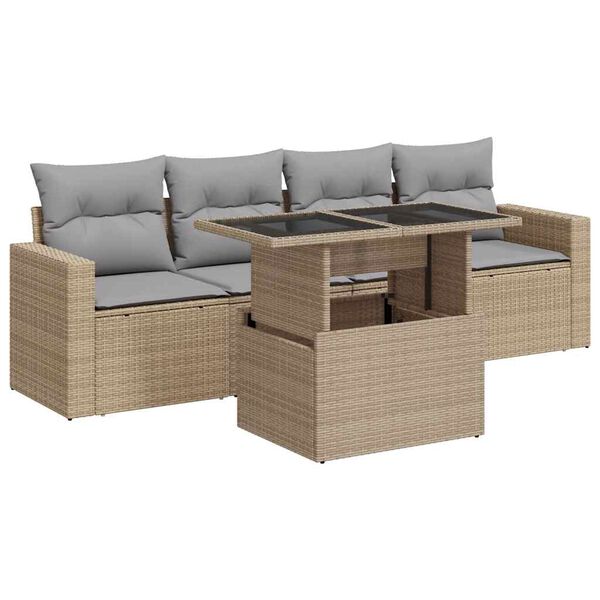 vidaXL 5-delige Loungeset met kussens poly rattan beige