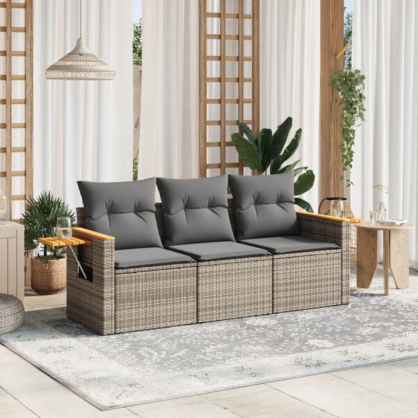 vidaXL 3-delige Loungeset met kussens poly rattan grijs