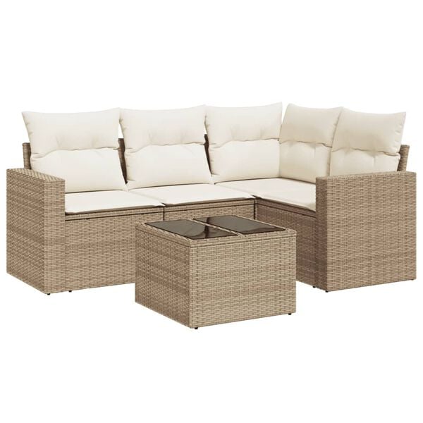 vidaXL 5-delige Loungeset met kussens poly rattan beige