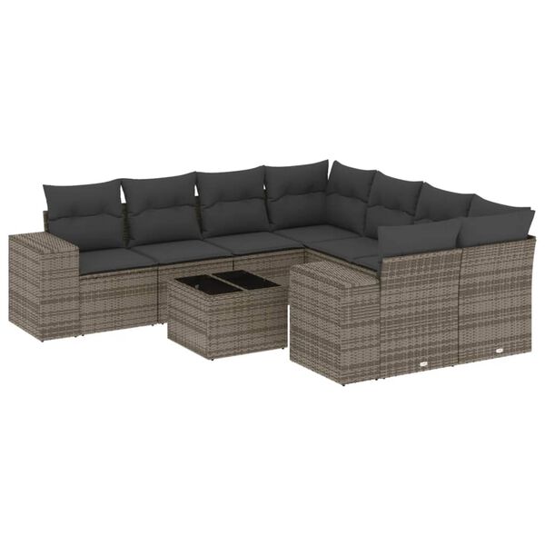 vidaXL 9-delige Loungeset met kussens poly rattan grijs