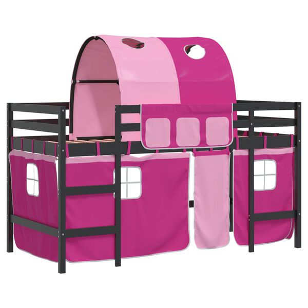 vidaXL Kinderhoogslaper met tunnel 90x200 cm massief grenenhout roze