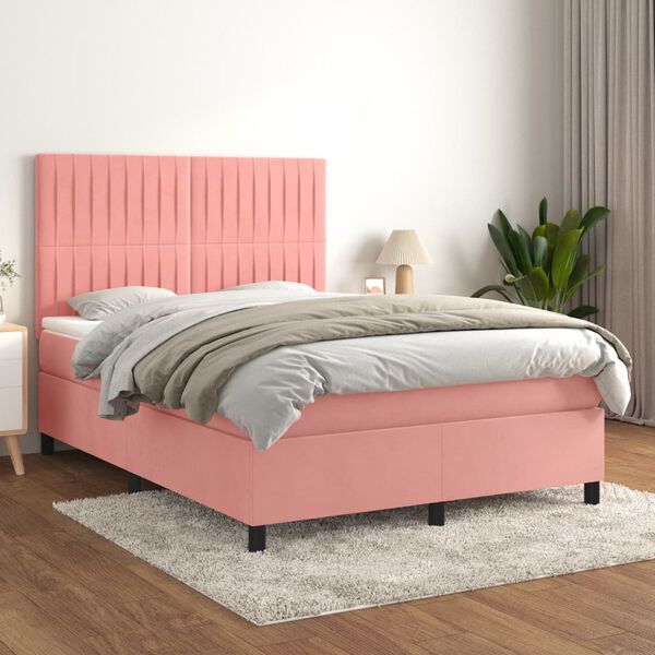vidaXL Boxspring met matras fluweel roze 140x190 cm