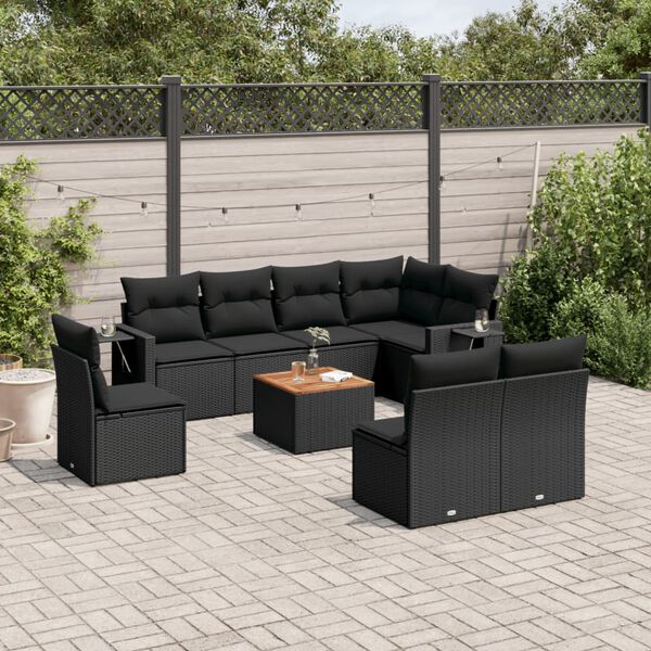 vidaXL 9-delige Loungeset met kussens poly rattan zwart