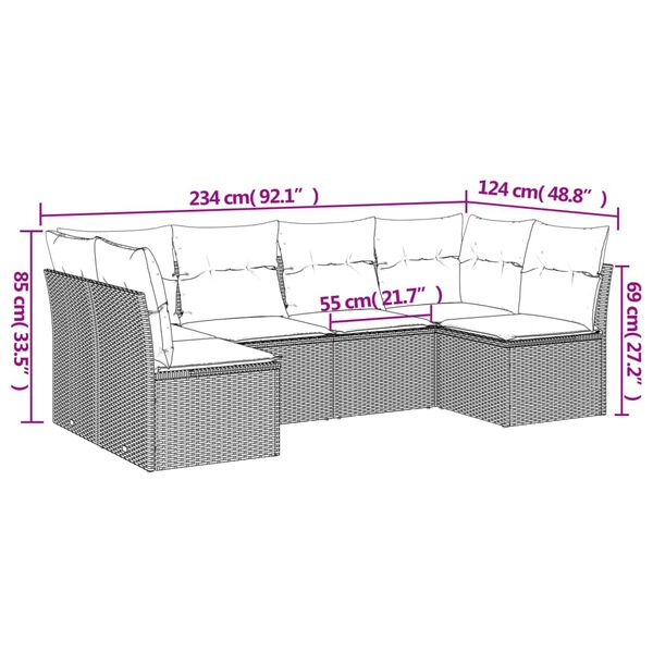 vidaXL 6-delige Loungeset met kussens poly rattan bruin