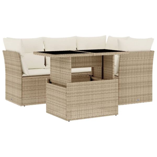vidaXL 5-delige Loungeset met kussens poly rattan beige