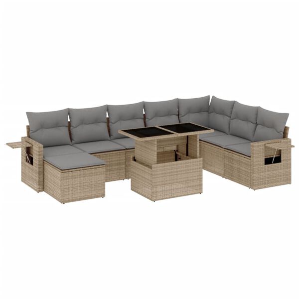 vidaXL 9-delige Loungeset met kussens poly rattan beige