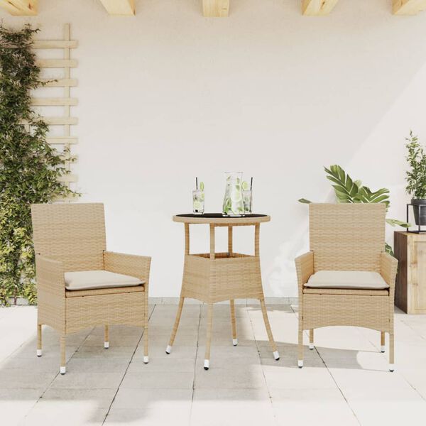 vidaXL 3-delige Tuinset met kussens poly rattan en glas beige