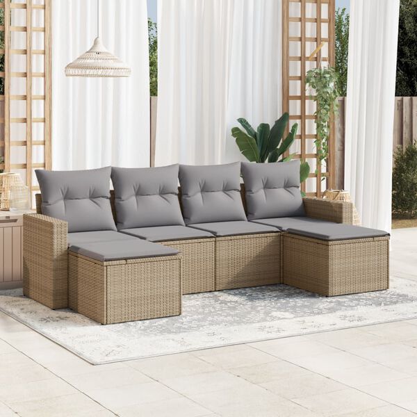 vidaXL 6-delige Loungeset met kussens poly rattan beige
