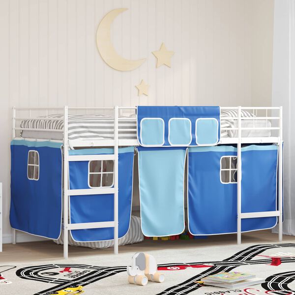 vidaXL Loftbedframe voor Kinderen met Gordijnen Wit en Blauw