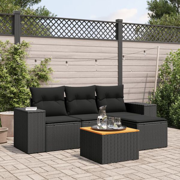 vidaXL 5-delige Loungeset met kussens poly rattan zwart