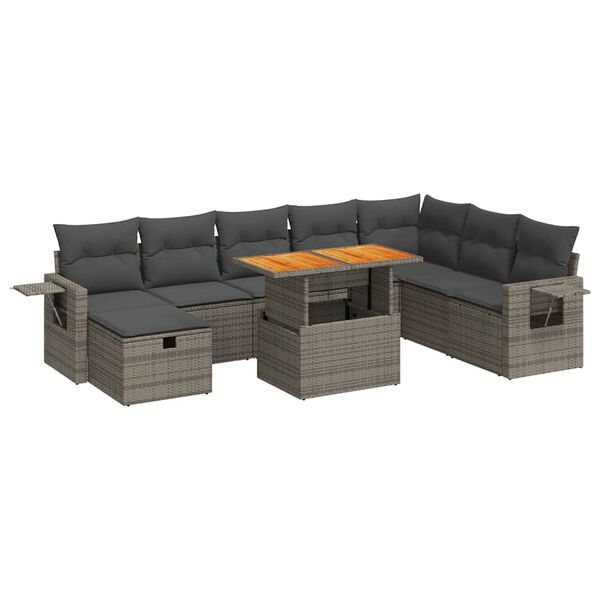 vidaXL 9-delige Loungeset met kussens poly rattan acacia grijs