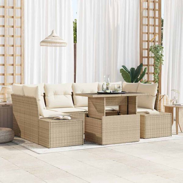 vidaXL Bankstel met kussen 7 pcs Beige en Cr&egrave;me poly rattan