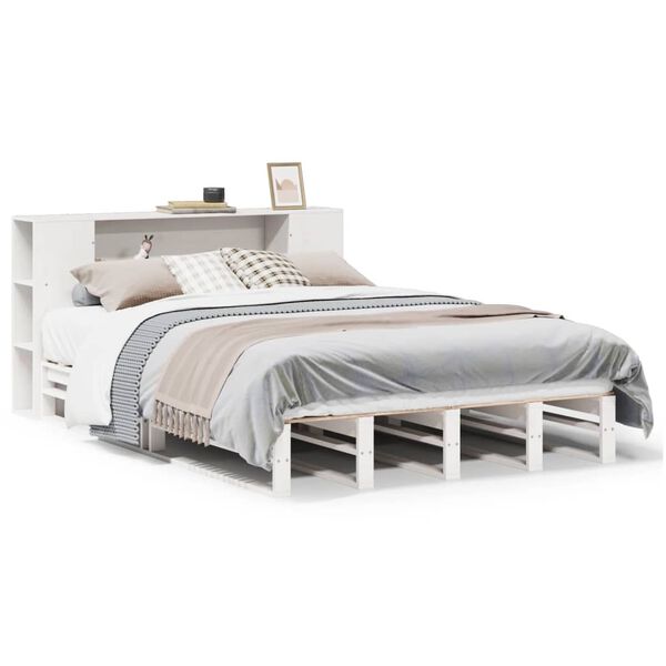 vidaXL Bed met boekenkast zonder matras massief hout wit 140x190 cm