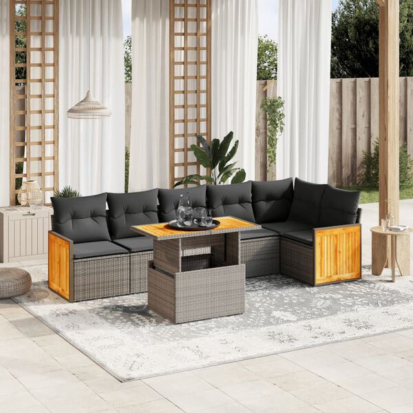 vidaXL 7-delige Loungeset met kussens poly rattan grijs