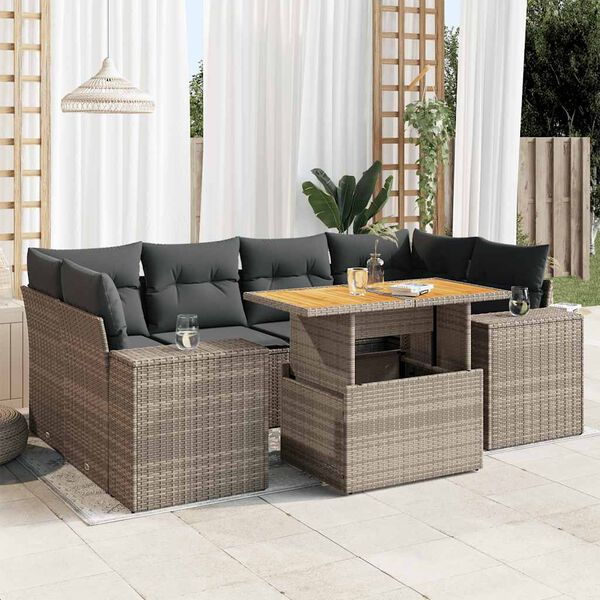vidaXL 7-delige Loungeset met kussens poly rattan grijs