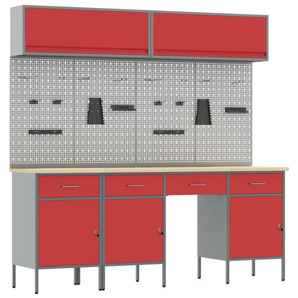 vidaXL Werkbank met lade met slot 10 pcs Rood 200 x 55 x 200 cm Staal