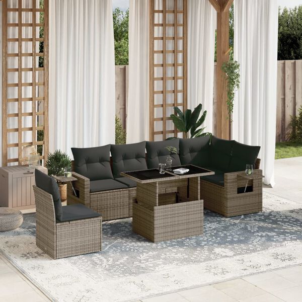vidaXL 7-delige Loungeset met kussens poly rattan grijs