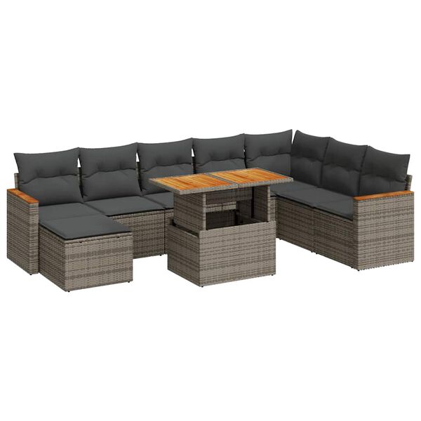 vidaXL 9-delige Loungeset met kussens poly rattan acacia grijs