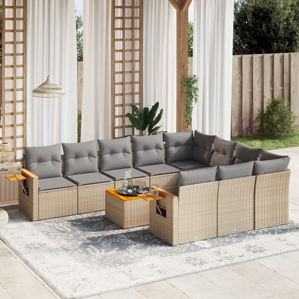 vidaXL 11-delige Tuinset met kussens poly rattan beige