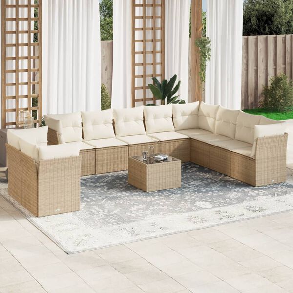 vidaXL 11-delige Tuinset met kussens poly rattan beige
