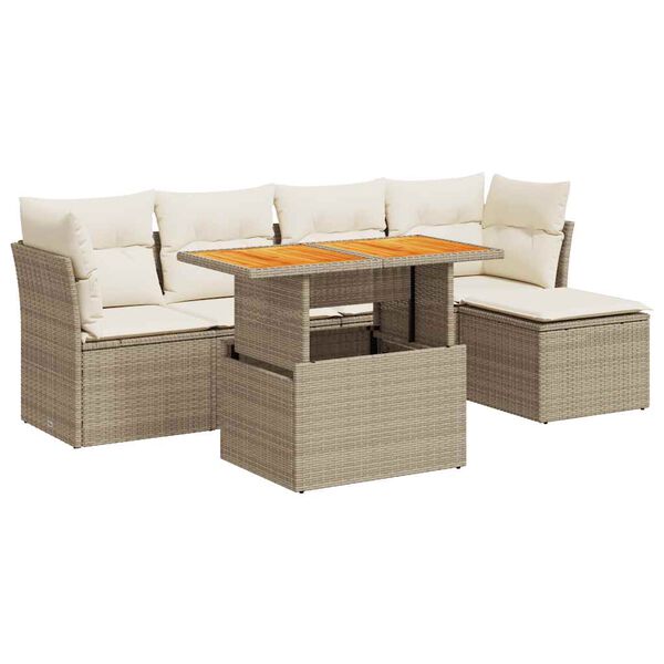 vidaXL 6-delige Loungeset met kussens poly rattan beige