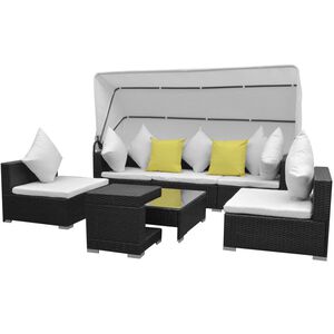vidaXL 7-delige Loungeset met luifel poly rattan zwart