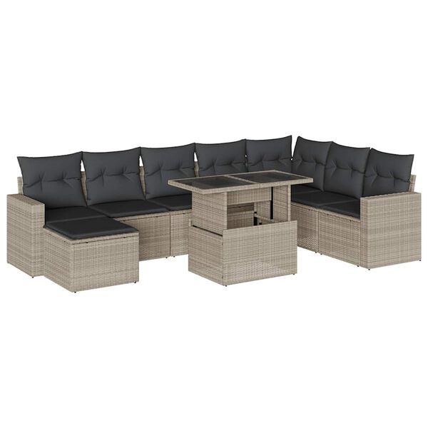 vidaXL 9-delige Loungeset met kussens poly rattan lichtgrijs