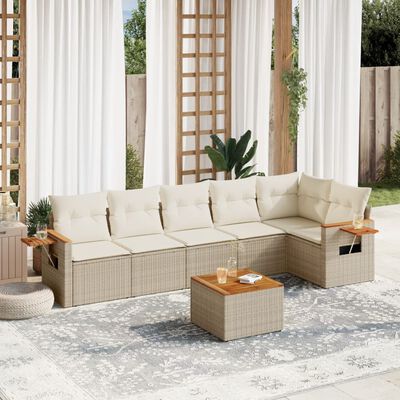 vidaXL 7-delige Loungeset met kussens poly rattan beige