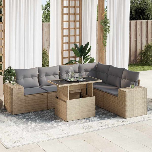 vidaXL 7-delige Loungeset met kussens poly rattan beige