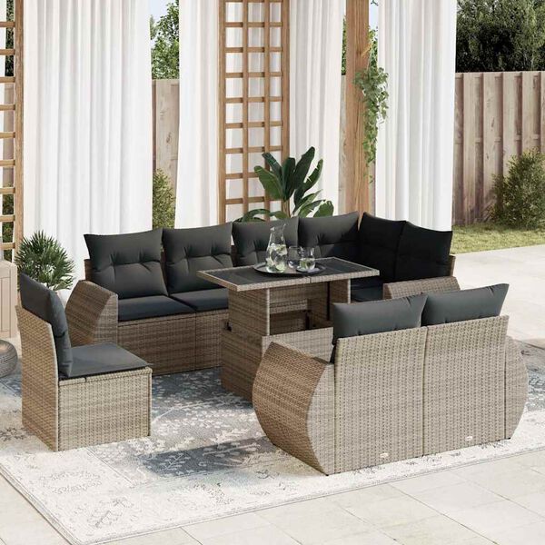 vidaXL 9-delige Loungeset met kussens poly rattan grijs