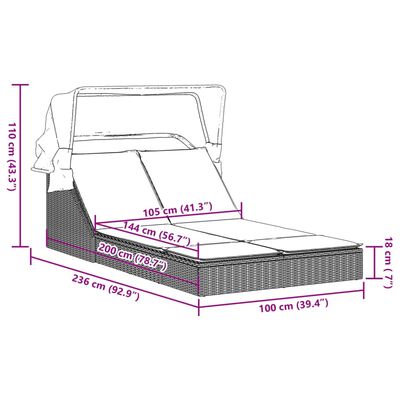 vidaXL Ligbed 2-persoons met luifel en kussens poly rattan beige