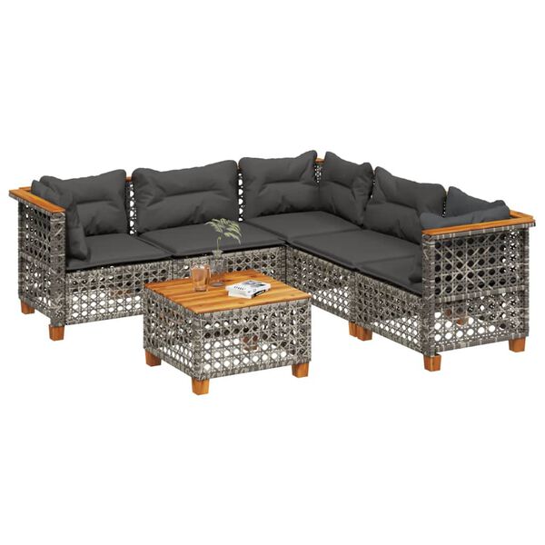 vidaXL 6-delige Loungeset met kussens poly rattan grijs