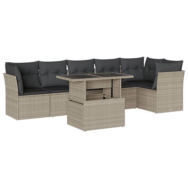 vidaXL 7-delige Loungeset met kussens poly rattan lichtgrijs