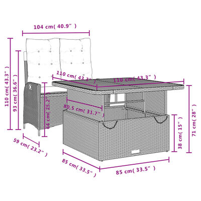 vidaXL 2-delige Tuinset met kussens poly rattan zwart