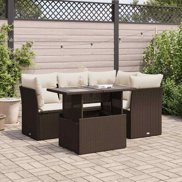 vidaXL 5-delige Loungeset met kussens poly rattan bruin