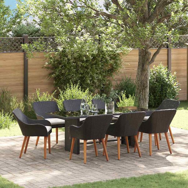 vidaXL Tuin eettafelset met kussen 9 pcs Zwart poly rattan