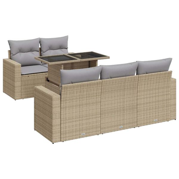 vidaXL 6-delige Loungeset met kussens poly rattan beige