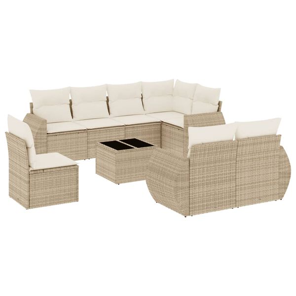 vidaXL 9-delige Loungeset met kussens poly rattan beige