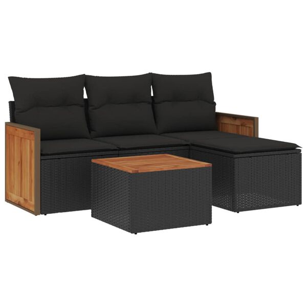 vidaXL 5-delige Loungeset met kussens poly rattan zwart