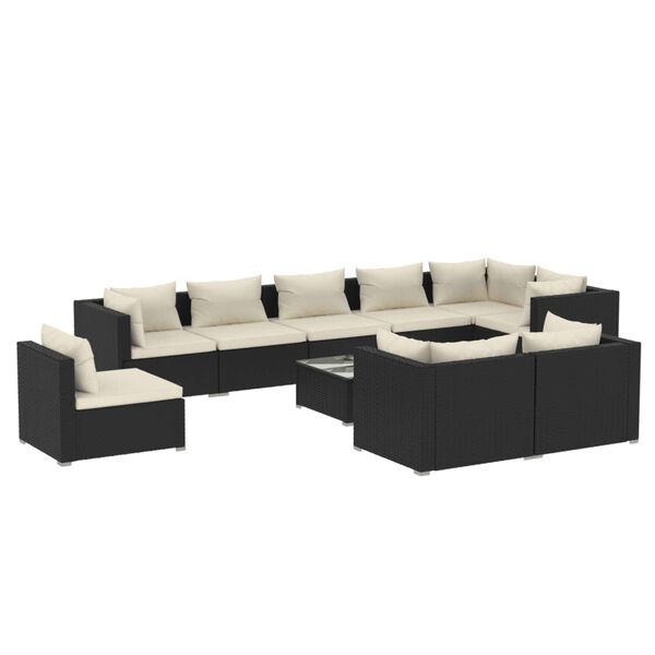 vidaXL 10-delige Loungeset met kussens poly rattan zwart