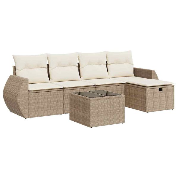vidaXL 6-delige Loungeset met kussens poly rattan beige