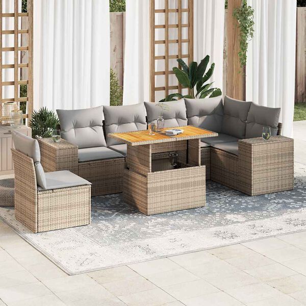 vidaXL 7-delige Loungeset met kussens poly rattan beige
