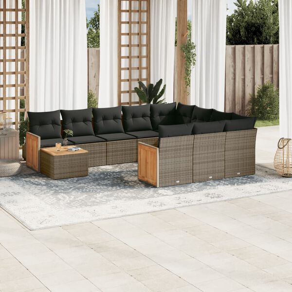 vidaXL 11-delige Loungeset met kussens poly rattan grijs