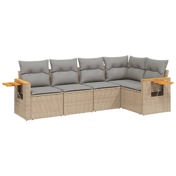 vidaXL 5-delige Loungeset met kussens poly rattan beige